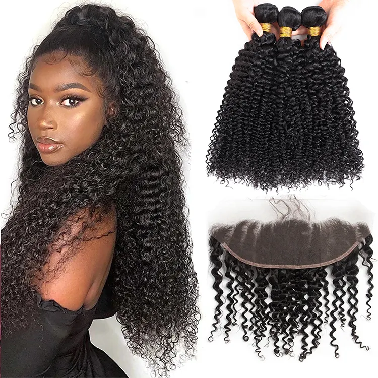 Gros cru cuticule aligné cheveux 100 vierge Remy cheveux humains vison cheveux brésiliens droite 3 faisceaux avec dentelle frontale fermeture