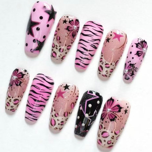 30 Uñas Postizas Acrílicas Cuadradas Medianas, Decoradas con Perlas 3D, Diseño Y2K de Estrella de Cinco Puntas, Rayas de Zebra y Flores, Acabado Brillante - Product Image 5