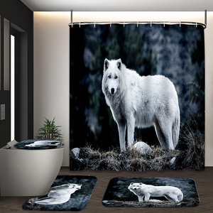 Juego de Cortina de Ducha de Poliéster con Estampado de Lobo <span class=keywords><strong>Husky</strong></span> de Muyu Wholesale, 4 Piezas, Impermeable, Ecológico, Decoración para Baño, Alfombrillas Antideslizantes para Inodoro - Product Image 3