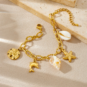 Fashionable Gold Plated Dolphin Starfish Seashell Charm Bracelet Women's Ocean Theme Jewelry Gift - Product Image 3