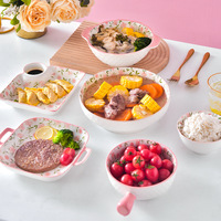 Ensemble de vaisselle en céramique de style floral tendance, ensemble de couverts de couleur rose pour la maison, bol en porcelaine pour nouilles, vente en gros, boîte individuelle