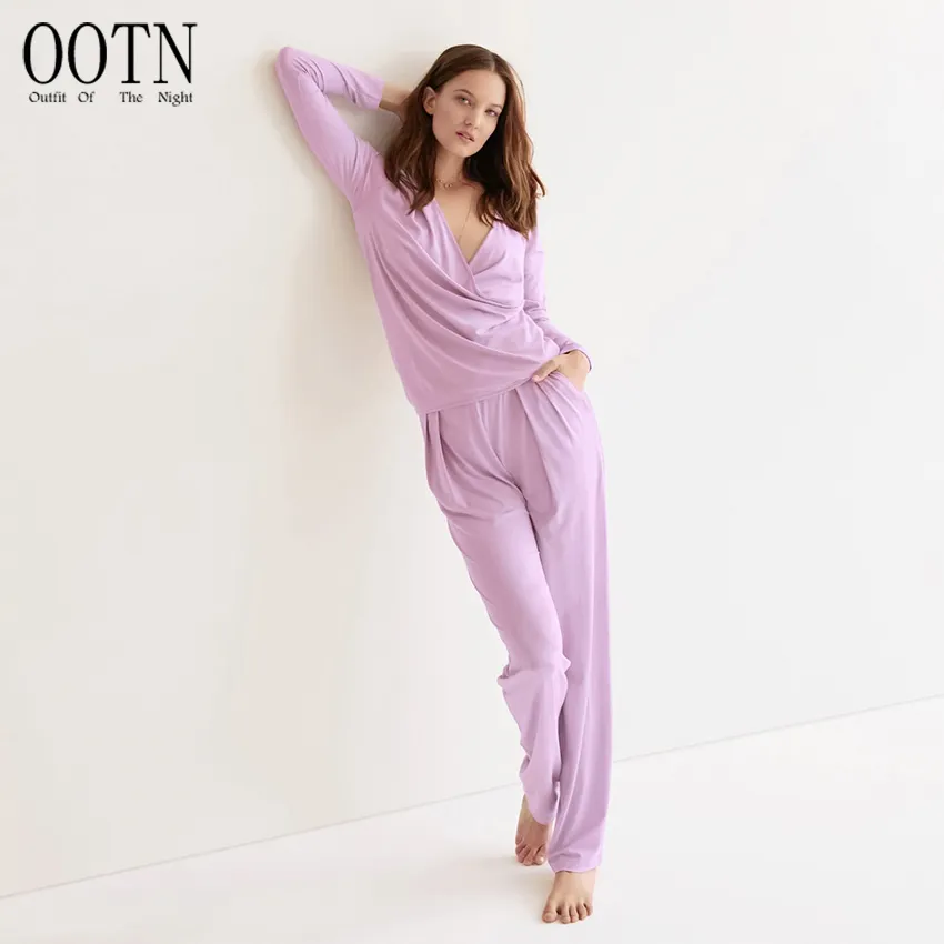 OOTN Purple V-Neck Knitted 2 Piece Set Women Sets With Pants Spring Sleepwear Long Sleeves Home Wear Criss-Cross Trouser Suits