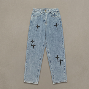 Jeans pour hommes à jambes larges et amples, style streetwear 2023, mode coréenne, denim décontracté, pantalon cargo, imprimé bleu - Product Image 2
