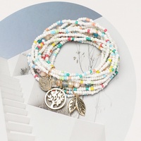 Ensemble de bracelets élastiques bohèmes faits à la main avec perles de verre soufflé multi-brins et pendentif Arbre de Vie pour femme - Anniversaire