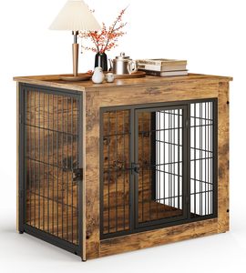 Caja rústica de madera marrón para perros, resistente, doble puerta, muebles, mesa auxiliar, cojín, pies ajustables, casa para perros pequeños - Product Image 1