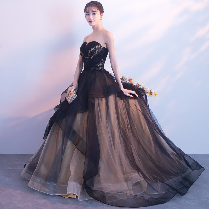 open lace back dress A-line Tulle Black Runway Prom Dress for Catwalk Show – loveangeldress main image 1