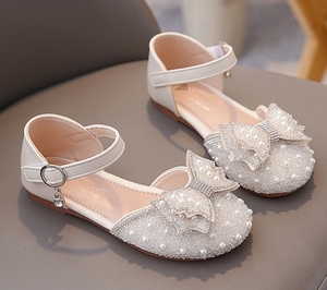 귀여운 활 진주 스팽글 플랫 샌들 소녀를위한 새로운 아이 공주 신발 어린이 춤을위한 편안한 플랫 힐 크기 23-35 - Product Image 5