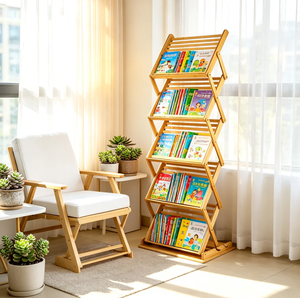 Espositore da Terra Pieghevole in Bambù per Riviste da Bagno con 5 Tasche, Porta Libri Ampio e Organizzatore - Product Image 2
