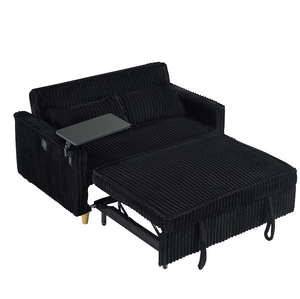 Pull-out & Push-in Foldable Reclining Black Corduroy <b>Sofa</b> with Dual Functions Movable Tabletop and USB Ports - Product Image 1