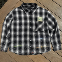 Personnalisé Vintage 100% Coton Flanelle Plaid T-Shirt Caractère Streetwear Strass Artisanat Col Montant Boxy Lourd Chemise Unisexe
