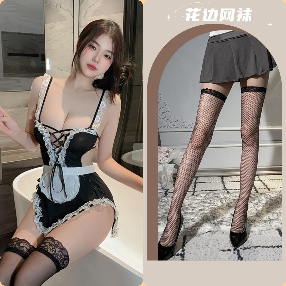 Maid outfit + black fishnet stockings