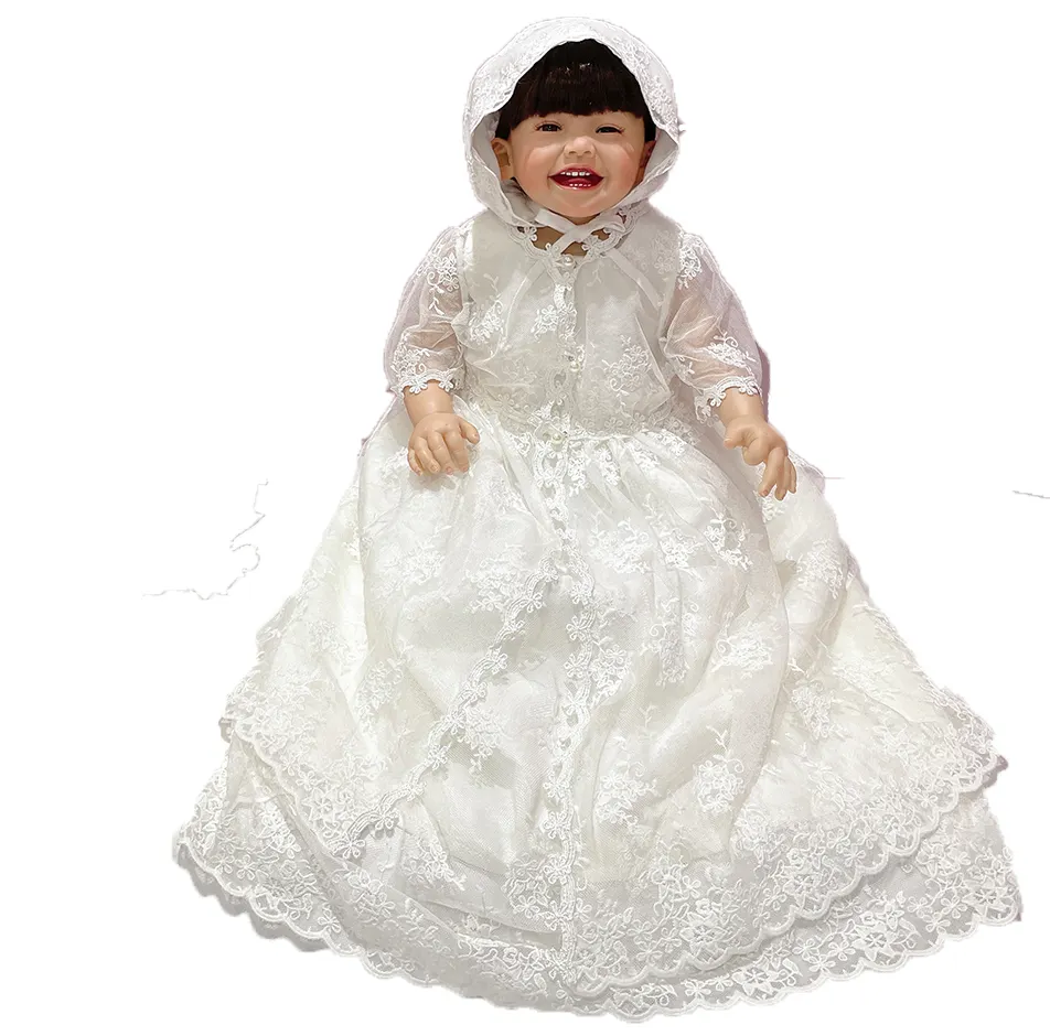 2022 New vintage baby girl with hat frocks lace baby shower dress baptism birthday outfit christening dress