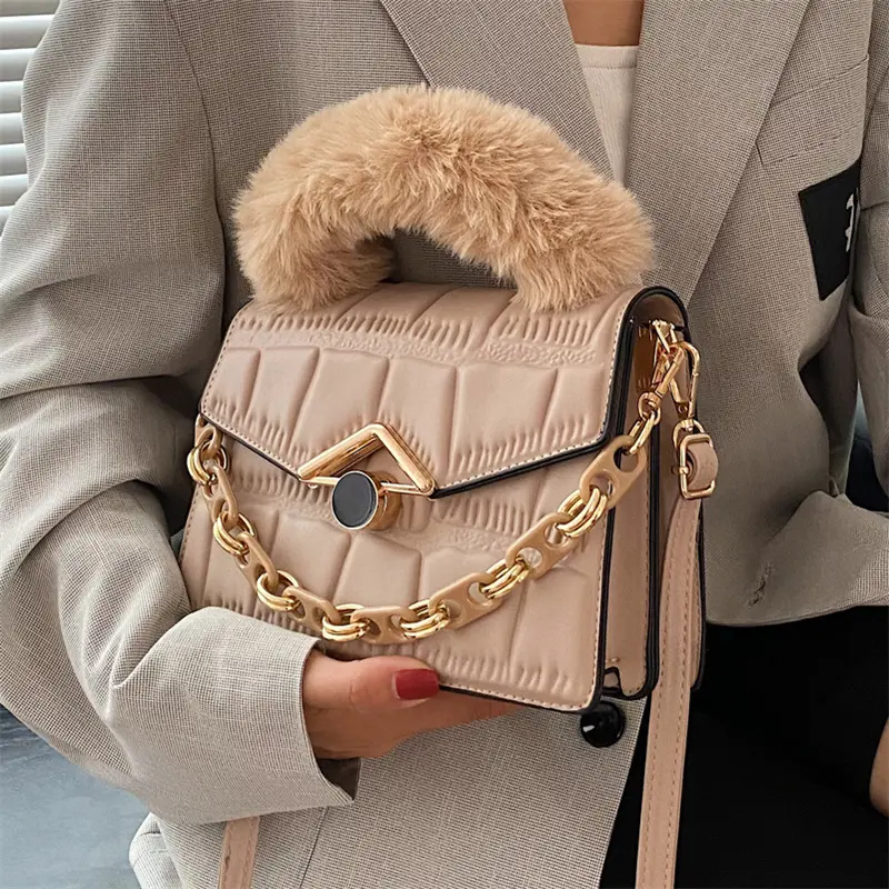 Fall faux fur handle unique lock women hand bag luxury bags winter chain purse and handbag