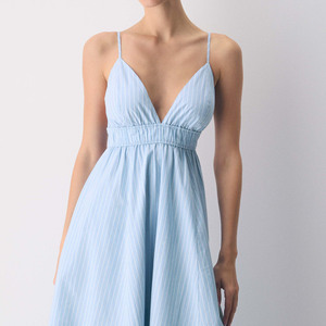 Robe longue élégante et sexy pour femme, bleu ciel, col en V, style vintage rayé, taille élastique, idéale pour les vacances d'été - Product Image 4