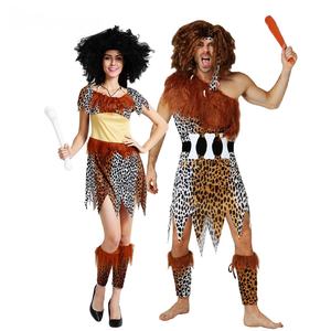 ชุดคอสเพลย์คู่รักสำหรับการแสดงบนเวที ชุดนักล่าพื้นเมืองในถ้ำสำหรับผู้ใหญ่ พร้อมกระโปรงและกางเกงสำหรับเทศกาลฮาโลวีน งานรื่นเริง และธีมอินเดียน - Product Image 2