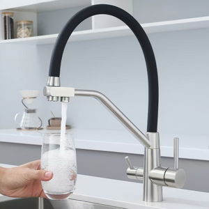 Robinet de cuisine moderne en acier inoxydable extractible avec purificateur d'eau 3 voies, cartouche céramique, 2 poignées, montage sur plan - Product Image 3