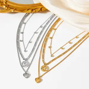 Mode coeur vague multicouche collier chaîne Long pendentif collier or carte du monde collier bijoux pour femmes