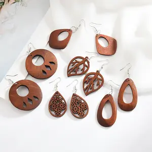 Diskon Besar Perhiasan Retro Anting-Anting Hoop Kayu Kayu Gantung Berongga Mahoni Solid Geometris Bohemian