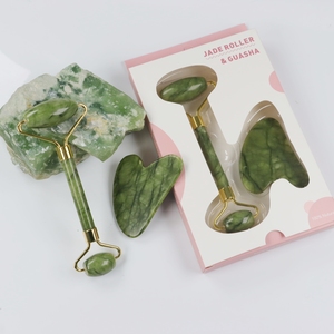 Xiuyan Natural Custom logo Nephrite Facial Green Limestone Ridged Jade Roller and Gua Sha <strong>Massager</strong> Set - Product Image 3