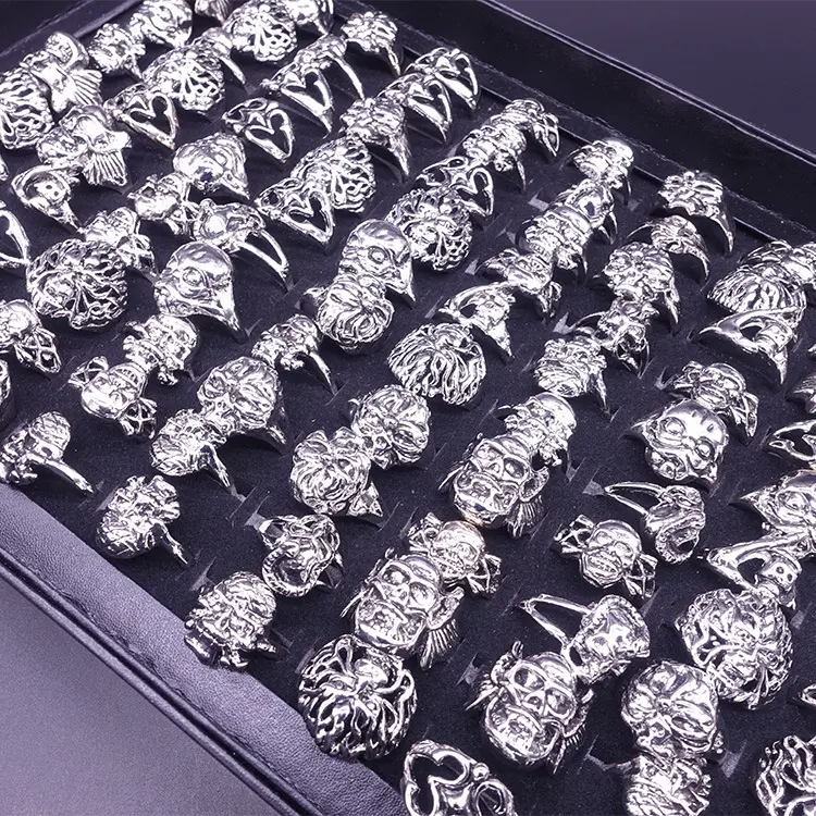 Aug jewelry mixed bulk cheap retro fashion jewelry wholesale ancient silver skull gothic rings