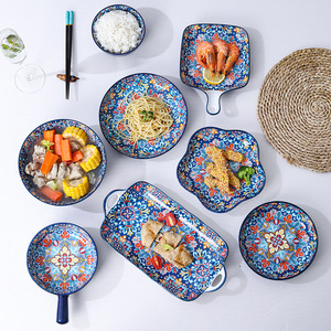 Assiette à dîner avec chargeur en céramique très vendue, <span class=keywords><strong>vaisselle</strong></span> complète de style bohème bleu, ensemble de <span class=keywords><strong>vaisselle</strong></span> de luxe pour décoration de fête - Product Image 3