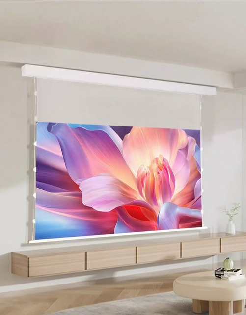 84 Inch Slim White Casing Motorized Tab Tension Floating Screen Photon Fabric Anti Wrinkle Wall Ceiling Mount Projector Screens