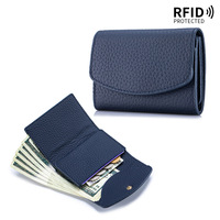 Dompet Kulit Asli Anti RFID Desain Pendek Tipis untuk Wanita