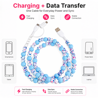 Câble de charge rapide USB-C 3-en-1 personnalisé bleu ciel moucheté avec perles, accessoires décoratifs frais pour voiture