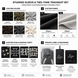 ชุดวอร์ม OEM สำหรับผู้หญิง แขนเสื้อประดับหมุดรูปทรงปิรามิด ลายกางเขนแบบกอธิค พิมพ์ลายสกรีน เสื้อฮู้ดแบบสวมหัว กางเกงขายาวทรงกว้าง พร้อมโลโก้แบบกำหนดเอง - Product Image 5