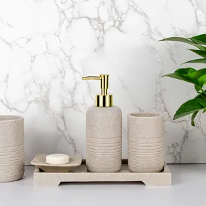 Custom 4 Piece Sandstone Resin Tray Soap Dispenser Bathroom Accessory Set With Natural