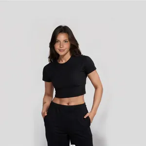 New Deign Phụ Nữ Quần Áo Khối Chắp Vá Dệt Kim Spandex Ngắn Tay Áo Thể Thao Phòng Tập Thể Dục Crop Tops Đối Với Phụ Nữ Biểu Tượng Tùy Chỉnh