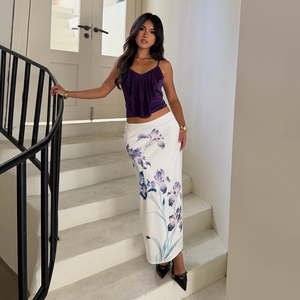 Jupe longue élégante à double couche, style chinois vintage, imprimé orchidée violette, taille basse, coupe droite, pour femme tendance - Product Image 1