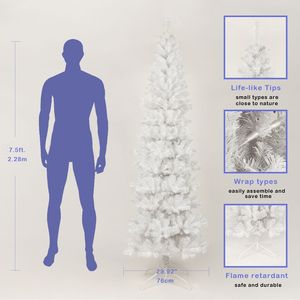 Sapin de Noël artificiel blanc mince pré-éclairé 7,5 pieds, lumières LED chaudes, design moderne, support métallique pliable, décoration intérieure pour les fêtes - Product Image 3