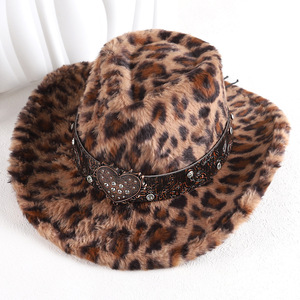 Sombrero Vaquero de Felpa con Estampado de Leopardo ZhenXi, Hebilla en Forma de Corazón, Accesorio de Moda para Mujeres y Hombres, Otoño-Invierno, Tallas M56-58cm - Product Image 2