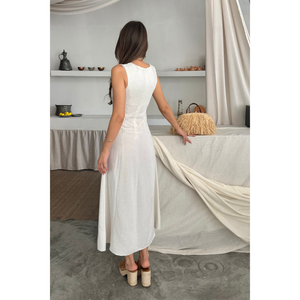 Robe en lin sans manches à col carré blanche S décontractée longueur midi - Product Image 1