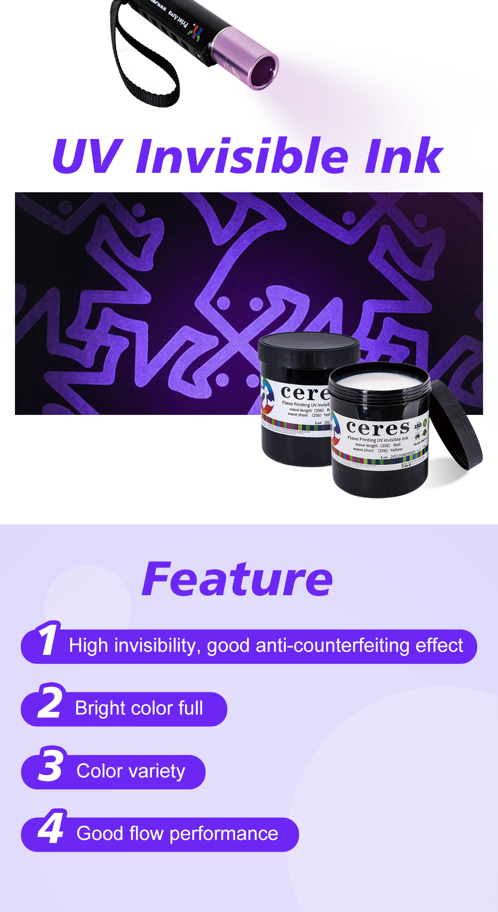 UV Flexo Printing Security Ink - Long Wave Yellow, Short Wave Red