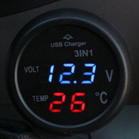 Termómetro Digital 3 en 1, Monitor de Batería de Coche, Cargador USB para Coche, Probador de Voltaje Automático de 12/24 V, Medidor Inteligente de Voltaje