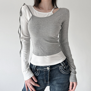 T-shirt en tricot à blocs de couleur pour femmes, nouvelle collection automne 2025 |   Pull décontracté à manches longues en coton modal ajusté, anti-froissement - Product Image 1