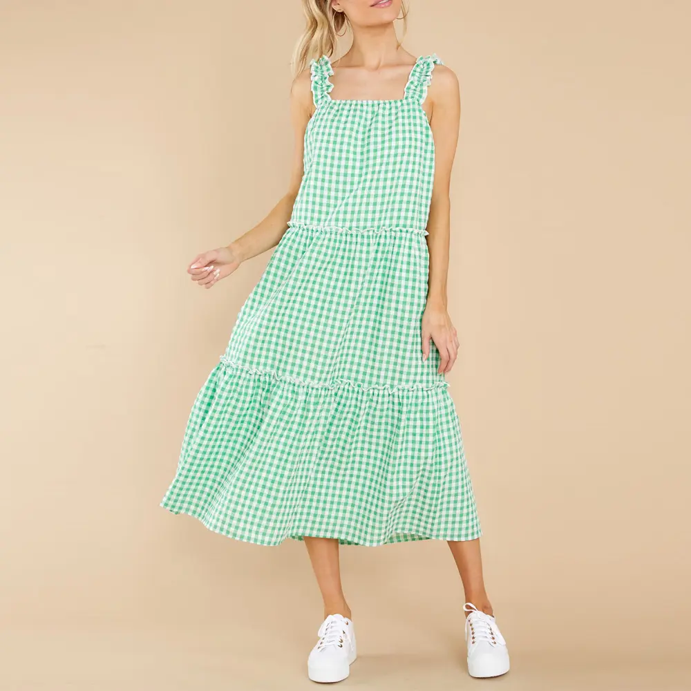 OEM Cotton Casual Dress Manufacturer Private Label Custom Spaghetti Strap Ruffled Green Plaid Floral Print Women Dress