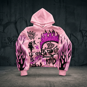 <b>Pink</b> Purple Flame Skull Hooded Breathable Casual Lightweight Loose Fit Cropped Pullover Streetwear Graphic <b>Hoodie</b> Unisex Adult - Product Image 3