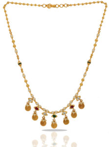 Traditional gold plated coin necklace with pearl chain red green <b>stone</b> accents Indian ethnic temple jewelry for women - Product Image 2