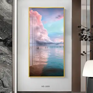 big size picture blue sea scenery with golden foil framed wall art Painting