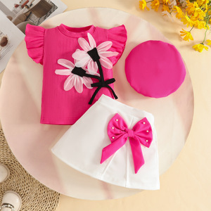 Ensemble OEM ODM d'été pour bébé <span class=keywords><strong>fille</strong></span> : haut côtelé sans manches à volants, jupe et chapeau béret avec nœud pour enfants - Product Image 3