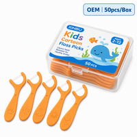 Fil dentaire pour enfants, design animalier de dessin animé, 50 pièces/boîte, logo personnalisé, bâtonnets de fil dentaire pour enfants dans un étui en plastique