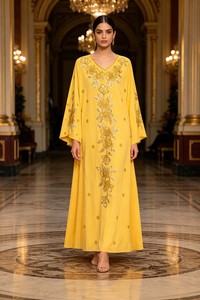 Robes Kaftan Col V Coupe Évasée Luxe Modeste Robe de Soirée Manches Longues Broderie Dorée Perles Chiffon Kaftan pour Mariage et Fêtes - Product Image 3