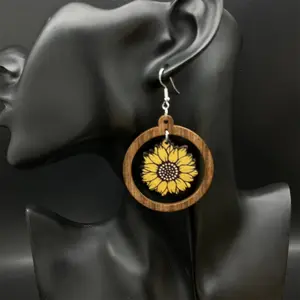 Sunflower Wooden Large Earrings Vintage Cross-Border Jewelry Amazon Foreign Trade Stock New