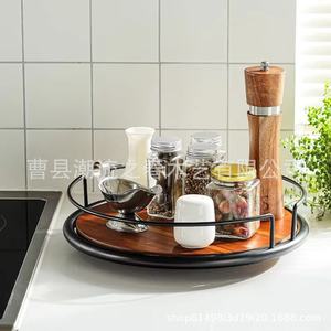 Estante de almacenamiento giratorio de madera, organizador de discos de acero, bandeja giratoria para condimentos de escritorio, bandeja giratoria para cosméticos - Product Image 2