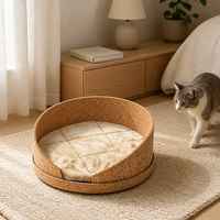 Lit pour chat semi-fermé à toit ouvert en liège naturel, motif uni, coussin en peluche amovible et lavable, écologique, chaud, pour usage intérieur