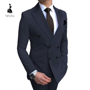 Traje de Dos Piezas de Color Sólido Personalizable con Etiqueta de Talla Asiática YZ para Hombre, Blazer y Pantalones Casuales de Negocios - Product Image 1
