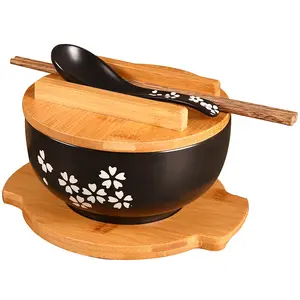 Japanese Ceramic Soup Bowl with Wooden Lid Chopsticks and Spoon Tableware Restaurant Student